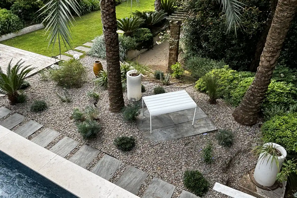 Jardin avec piscine et végétation